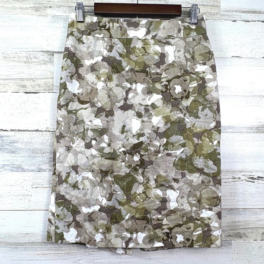 Banana Republic Pencil Skirt Womens 0 Green Floral Linen Blend Chic Corpcore